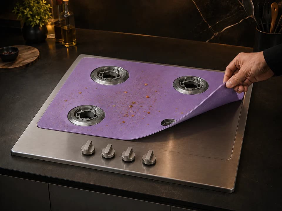 Gummio being lifted from the cold hob to make cleaning easier