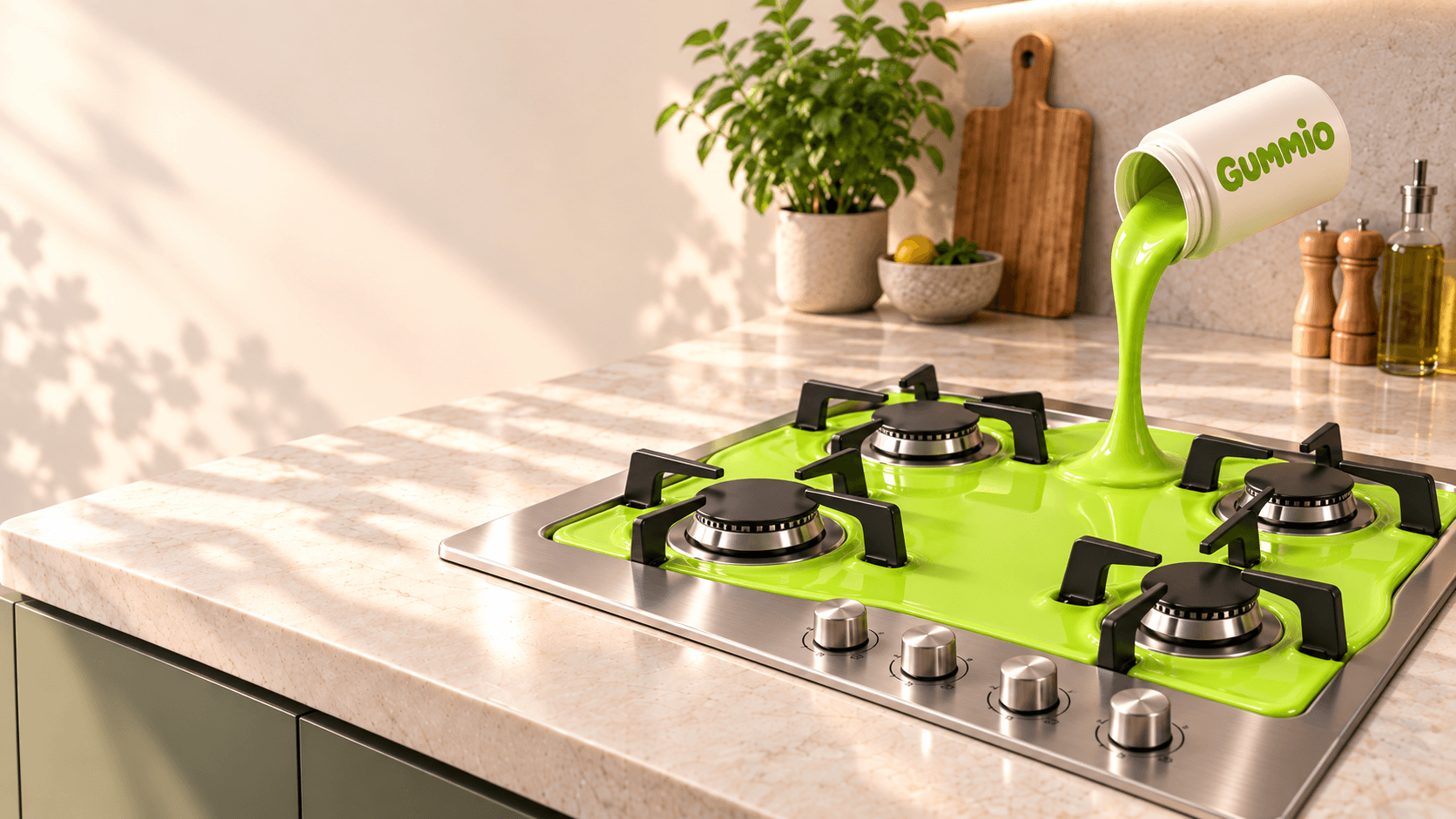 Lime-green Gummio beneath a four-burner hob's grates, with the cream jar alongside